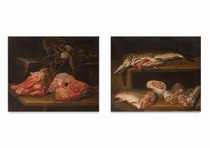 Scuola emiliana, fine secolo XVII - inizio secolo XVIII - Natura morta con teste di vitello e verza; e Natura morta con pesci, en pendant