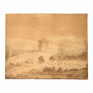 Scuola francese, fine secolo XVIII - inizio secolo XIX - Veduta del Ponte Lucano e della Tomba di Plauto con Tivoli in lontananza
