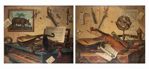 Sebastiano Lazzari - Trompe-l'oeil con strumenti musicali, spartito per clavicembalo, dipinto con rinoceronte e ricevuta del gioco del lotto; e Trompe-l'oeil con strumenti musicali, sfera armillare, calendario mensile e tappeto,  en pendant