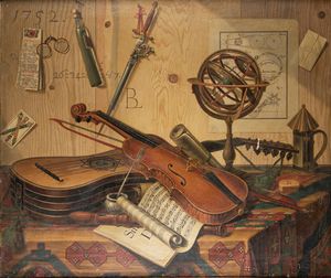 Sebastiano Lazzari : Trompe-l'oeil con strumenti musicali, spartito per clavicembalo, dipinto con rinoceronte e ricevuta del gioco del lotto; e Trompe-l'oeil con strumenti musicali, sfera armillare, calendario mensile e tappeto,  en pendant  - Asta Dipinti e Disegni Antichi - Associazione Nazionale - Case d'Asta italiane