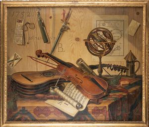 Sebastiano Lazzari : Trompe-l'oeil con strumenti musicali, spartito per clavicembalo, dipinto con rinoceronte e ricevuta del gioco del lotto; e Trompe-l'oeil con strumenti musicali, sfera armillare, calendario mensile e tappeto,  en pendant  - Asta Dipinti e Disegni Antichi - Associazione Nazionale - Case d'Asta italiane