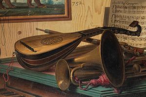 Sebastiano Lazzari : Trompe-l'oeil con strumenti musicali, spartito per clavicembalo, dipinto con rinoceronte e ricevuta del gioco del lotto; e Trompe-l'oeil con strumenti musicali, sfera armillare, calendario mensile e tappeto,  en pendant  - Asta Dipinti e Disegni Antichi - Associazione Nazionale - Case d'Asta italiane