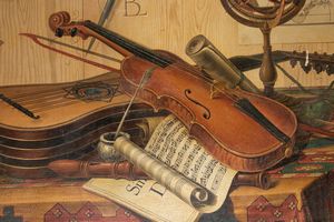 Sebastiano Lazzari : Trompe-l'oeil con strumenti musicali, spartito per clavicembalo, dipinto con rinoceronte e ricevuta del gioco del lotto; e Trompe-l'oeil con strumenti musicali, sfera armillare, calendario mensile e tappeto,  en pendant  - Asta Dipinti e Disegni Antichi - Associazione Nazionale - Case d'Asta italiane