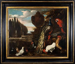 Scuola fiamminga, secolo XVIII : Volatili in un giardino  - Asta Dipinti e Disegni Antichi - Associazione Nazionale - Case d'Asta italiane