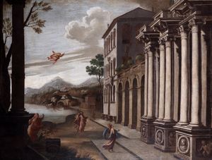 Scuola dell'Italia centrale, secolo XVII - Capriccio architettonico con figure