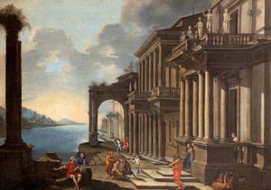 Scuola dell'Italia centrale, secolo XVII - Capriccio architettonico con veduta costiera e figure