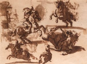 Scuola italiana, secolo XVIII - Studio di cavalieri e cavalli (recto e verso)