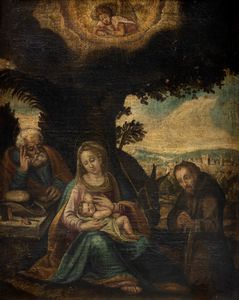 Scuola italiana, secolo XVII - Sacra Famiglia con San Francesco