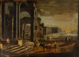 Scuola italiana, secolo XVII - Capriccio architettonico con viandanti