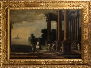 Scuola italiana, secolo XVII : Capriccio architettonico con cavalieri, astanti e fortezza sullo sfondo  - Asta Dipinti e Disegni Antichi - Associazione Nazionale - Case d'Asta italiane