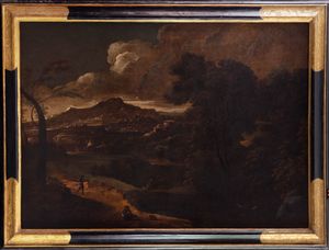 Cerchia di Gaspard Dughet (Roma 1615  - 1675) : Paesaggio fluviale con pescatori, astanti e borgo in lontananza  - Asta Dipinti e Disegni Antichi - Associazione Nazionale - Case d'Asta italiane