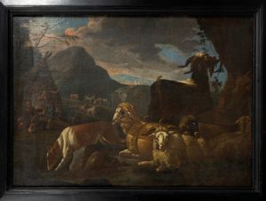 Pittore fiammingo attivo in Italia, secolo XVII : Pastori con armenti in sosta  - Asta Dipinti e Disegni Antichi - Associazione Nazionale - Case d'Asta italiane