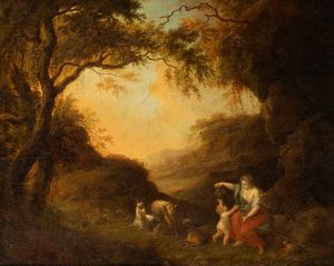 Scuola francese, secolo XVIII - Paesaggio con scena pastorale