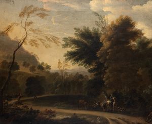 Scuola fiamminga, secolo XVII - Paesaggio con figure