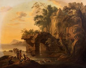 Scuola francese, secolo XVIII - Paesaggio costiero con capriccio architettonico e pescatori