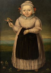 Seguace di Dirck Dircksz. van Santvoort - Ritratto di bambina a figura intera con fiori