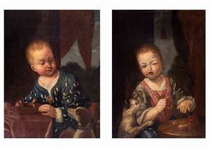 Scuola dell'Italia settentrionale, secolo XVII - Ritratto di fanciullo con cagnolino; e Ritratto di fanciulla con gatto, en pendant
