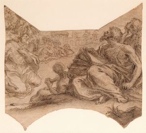 Scuola italiana, secolo XVII - Studio per scena di apparizione celeste con Santi in preghiera