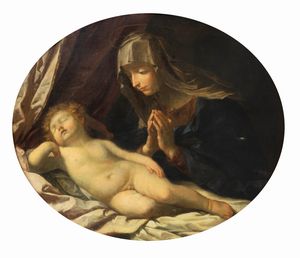 Scuola emiliana, secolo XVII, da Guido Reni - Madonna in adorazione del Bambino dormiente