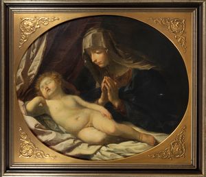Scuola emiliana, secolo XVII, da Guido Reni : Madonna in adorazione del Bambino dormiente  - Asta Dipinti e Disegni Antichi - Associazione Nazionale - Case d'Asta italiane
