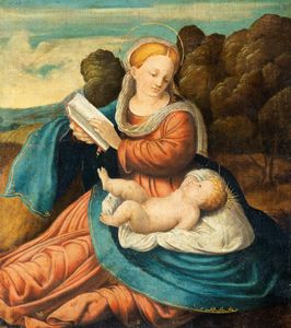 Imitatore di Palma il Giovane : Madonna con Bambino in un paesaggio  - Asta Dipinti e Disegni Antichi - Associazione Nazionale - Case d'Asta italiane