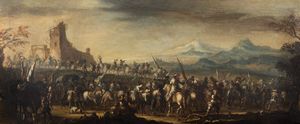 Scuola emiliana, fine secolo XVII - inizio secolo XVIII : Due scene di battaglia, en pendant  - Asta Dipinti e Disegni Antichi - Associazione Nazionale - Case d'Asta italiane