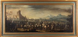 Scuola emiliana, fine secolo XVII - inizio secolo XVIII : Due scene di battaglia, en pendant  - Asta Dipinti e Disegni Antichi - Associazione Nazionale - Case d'Asta italiane