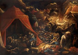 Scuola dell'Italia settentrionale, secolo XVIII - Notturno con scena di accampamento ed episodio di Giuditta e Oloferne