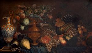 Imitatore di Michelangelo Pace, detto Michelangelo del Campidoglio : Frutta, fiori, vasellame e conchiglie su un tavolo  - Asta Dipinti e Disegni Antichi - Associazione Nazionale - Case d'Asta italiane