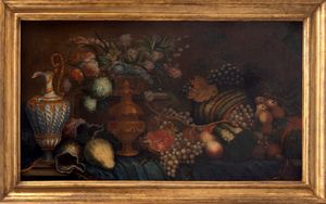 Imitatore di Michelangelo Pace, detto Michelangelo del Campidoglio : Frutta, fiori, vasellame e conchiglie su un tavolo  - Asta Dipinti e Disegni Antichi - Associazione Nazionale - Case d'Asta italiane