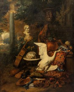 Scuola fiamminga, secolo XVIII - Composizione allaperto con strumenti musicali, statua dell'Imperatore Vitellio, mappamondo, suppellettili, cigno e pavone