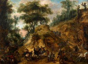 Scuola fiamminga, secolo XVII - Paesaggio boschivo con scena di battaglia