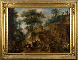Scuola fiamminga, secolo XVII : Paesaggio boschivo con scena di battaglia  - Asta Dipinti e Disegni Antichi - Associazione Nazionale - Case d'Asta italiane