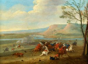 Scuola fiamminga, fine secolo XVII - inizi secolo XVIII - Paesaggio fluviale con scontro di cavalleria