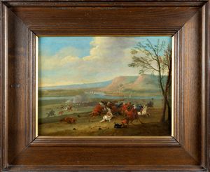 Scuola fiamminga, fine secolo XVII - inizi secolo XVIII : Paesaggio fluviale con scontro di cavalleria  - Asta Dipinti e Disegni Antichi - Associazione Nazionale - Case d'Asta italiane
