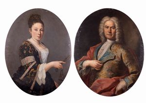 Scuola dell'Italia settentrionale, secolo XVIII - Ritratto di gentildonna a mezzobusto con ventaglio in mano; e Ritratto di gentiluomo a mezzobusto in abiti eleganti