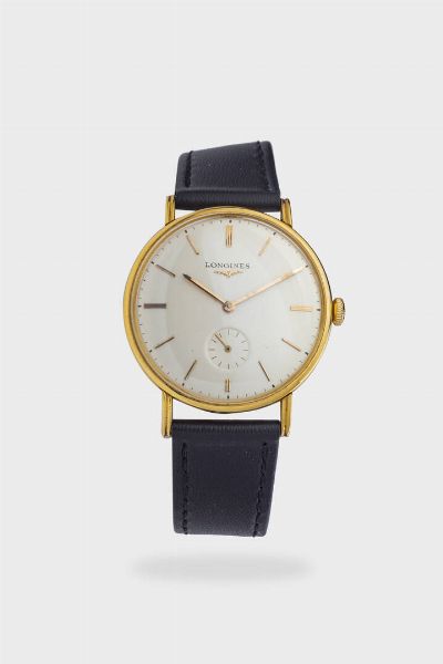 Mod. Solo Tempo, anni '60<BR>Diam. 35 mm<BR>Cassa in oro con fondello a scatto. Quadrante argento con indici geometrici applicati e secondi continui al 6.<BR>Movimento a carica manuale  - Asta Orologi  - Associazione Nazionale - Case d'Asta italiane