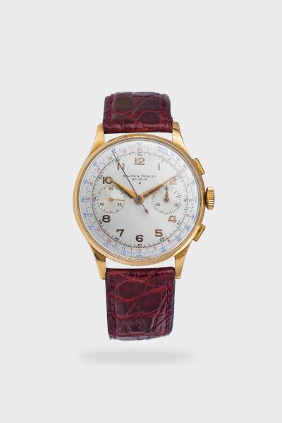 Mod. Chronograph, anni '60<BR>Diam. 38 mm<BR>Cassa in oro con fondello a scatto. Quadrante argento con numeri arabi applicati, indicazione dei secondi continui al 9 e dei 45 minuti al 3.<BR>Movimento a carica manuale.  - Asta Orologi  - Associazione Nazionale - Case d'Asta italiane