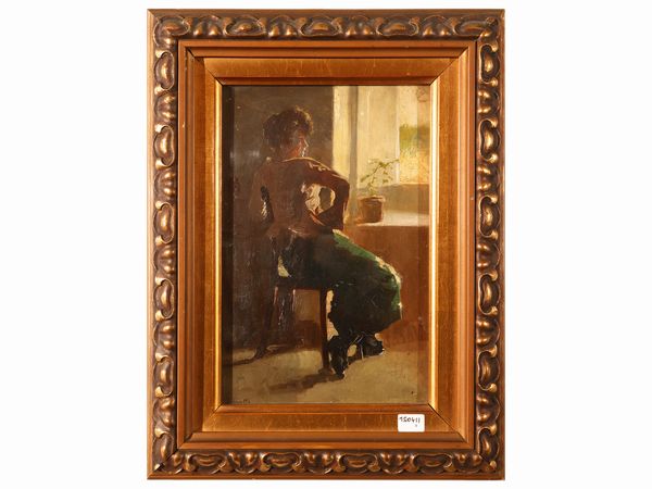 Vittorio Borriello : Veduta di interno con personaggio femminile 1919  - Asta La casa classica. Stile intramontabile - Associazione Nazionale - Case d'Asta italiane
