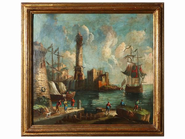 Scorcio di porto con personaggi  - Asta La casa classica. Stile intramontabile - Associazione Nazionale - Case d'Asta italiane