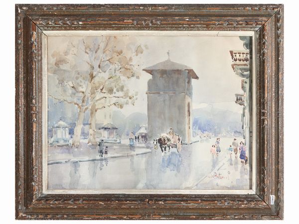 Giulio Falzoni : Scorcio di strada fiorentina con figure  - Asta La casa classica. Stile intramontabile - Associazione Nazionale - Case d'Asta italiane