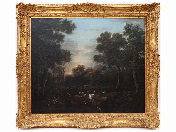 Pittore fiammingo attivo a Roma : Paesaggio boschivo con armenti  - Asta La casa classica. Stile intramontabile - Associazione Nazionale - Case d'Asta italiane