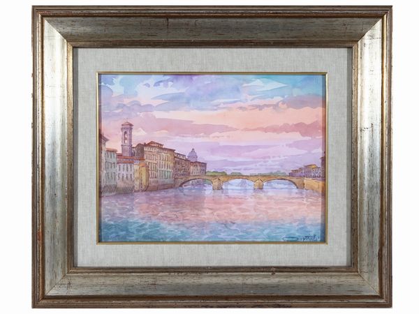 Giovanni Ospitali : Veduta di Ponte a Santa Trinita - Scorcio fiorentino  - Asta La casa classica. Stile intramontabile - Associazione Nazionale - Case d'Asta italiane