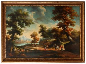 Maniera della pittura del XVIII secolo - Paesaggio lacustre con viandanti
