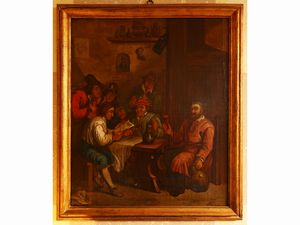 Seguace di David Teniers il Giovane - Interno di taverna con contadini che bevono e leggono una lettera