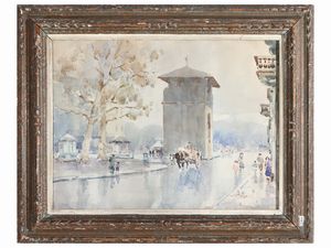 Giulio Falzoni - Scorcio di strada fiorentina con figure