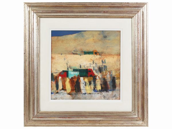 Salvatore Magazzini : Scorcio di piazza con persone  - Asta Arte Moderna e Contemporanea - Associazione Nazionale - Case d'Asta italiane