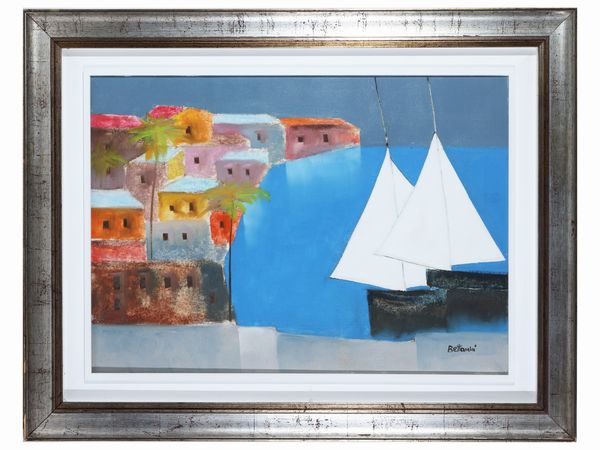 Lido Bettarini : Scorcio di porto con barche a vela  - Asta Arte Moderna e Contemporanea - Associazione Nazionale - Case d'Asta italiane