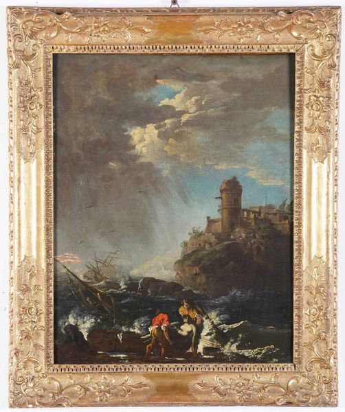 Scuola del XVIII secolo Veduta costiera con architetture e figure  - Asta Dipinti Antichi - Associazione Nazionale - Case d'Asta italiane