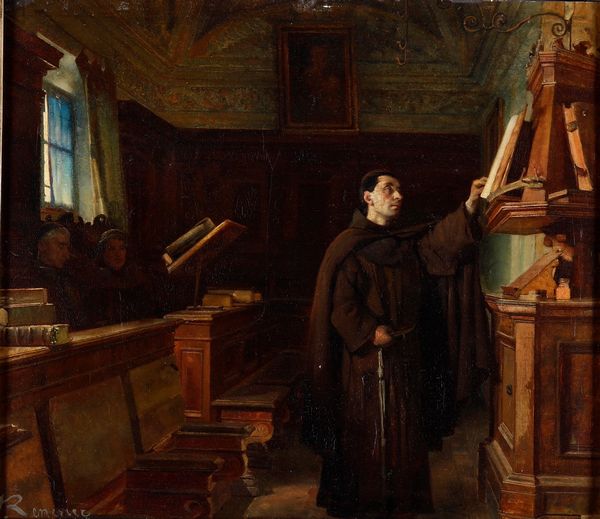 Julien Renevier : Interno di biblioteca Abbazia della Verna  - Asta Dipinti Antichi - Associazione Nazionale - Case d'Asta italiane